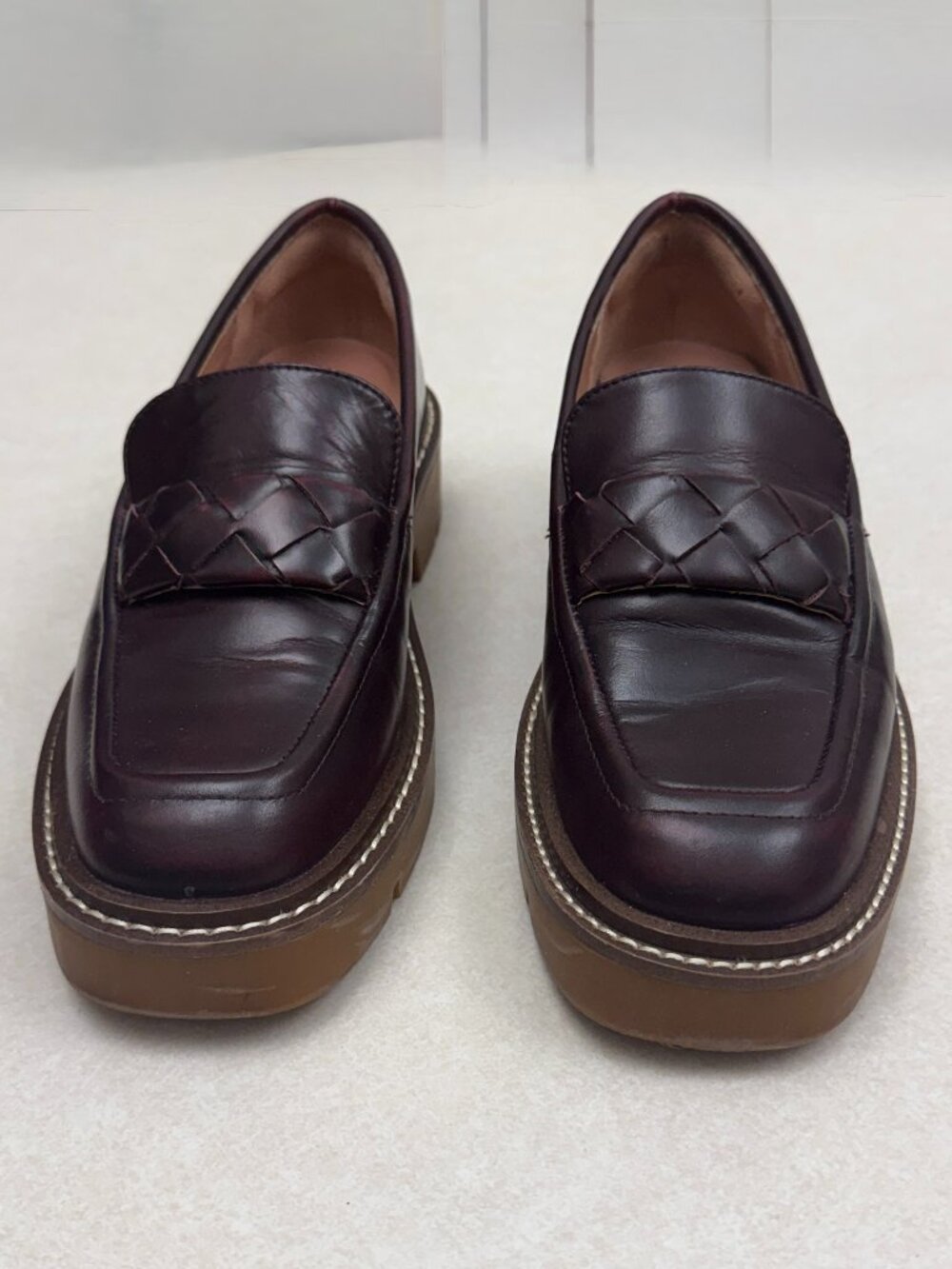 Nordstrom Dark Brown Leather Woven Loafers Chunky Lug Sole 6.5
